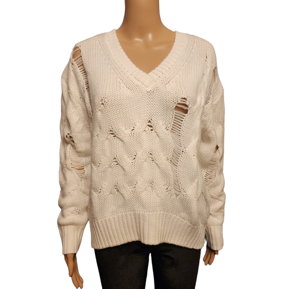 White Knit Distressed V-neck Sweater